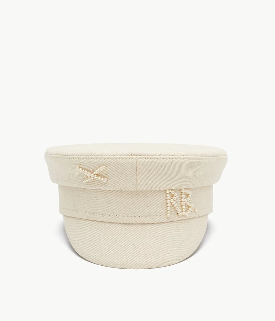 BAKER BOY CAP IN BEIGE WITH PEARL MONOGRAM